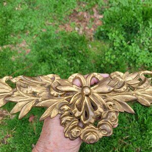 Vintage French Gold Solid Brass Floral Bow & Leaf Plaque Wall Accent Rococo Styl